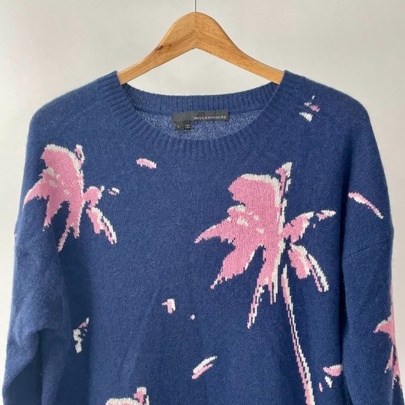 360 Cashmere Pullover Sweater, Blue With Pink/Cream Tree/Flower Motif, Size L - Picture 2 of 7